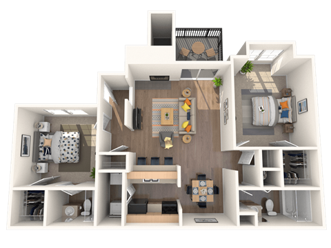 Floor plan for 2 beds, 2 baths, 970 sqft